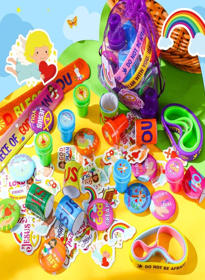 Silipull 110 Pieces Jesus Party Favors for Kids, Bible Verse Slap Bracelets Stickers Stampers Rubber Bracelets Gift Bags Button Pins for Christian Religious Inspirational Christmas Party Gifts - Image 4